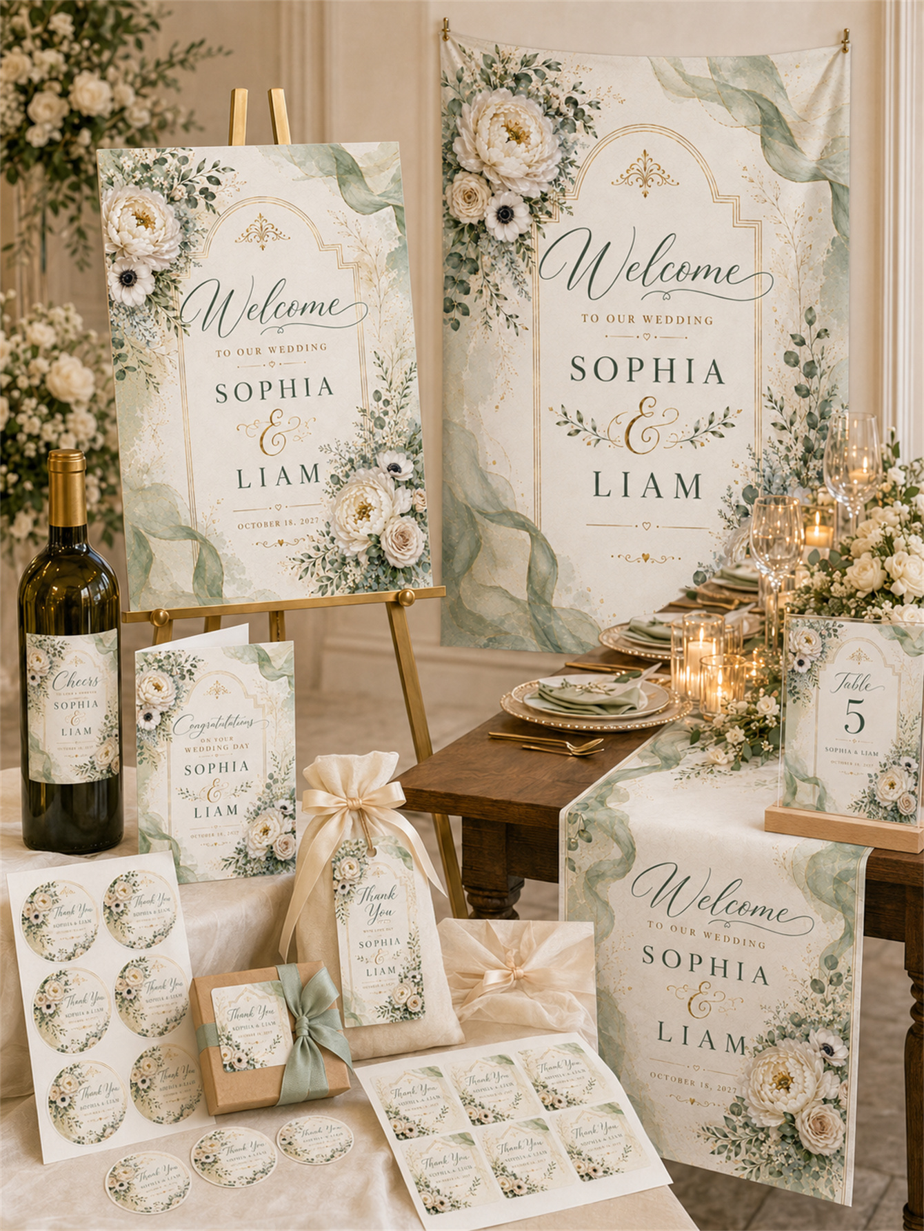 Sage green and ivory plant wedding decorations - Romantic and elegant wedding - Custom name and date